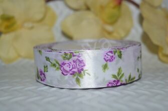 Лента атласная "Розы", 25 мм, цв. белый с фиолетовым