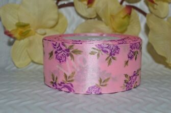Лента атласная "Розы", 40 мм, цв. розовый с сиреневым