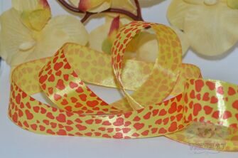 Лента атласная "Сердца", 25 мм, цв. жёлтый